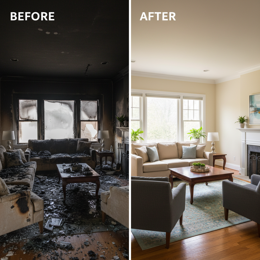 Before and after comparison of a fire-damaged living room showing smoke-stained walls and furniture transformed to pristin...